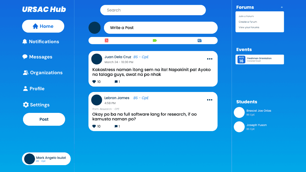 UrsacHub Social campus feed with posts and interactions