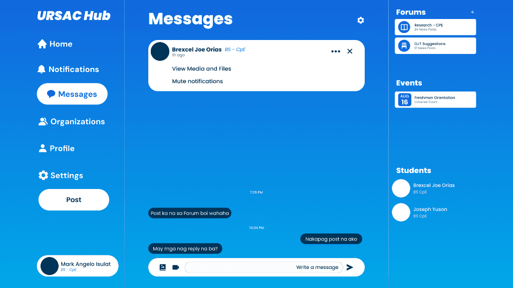UrsacHub Social real-time student chat conversation